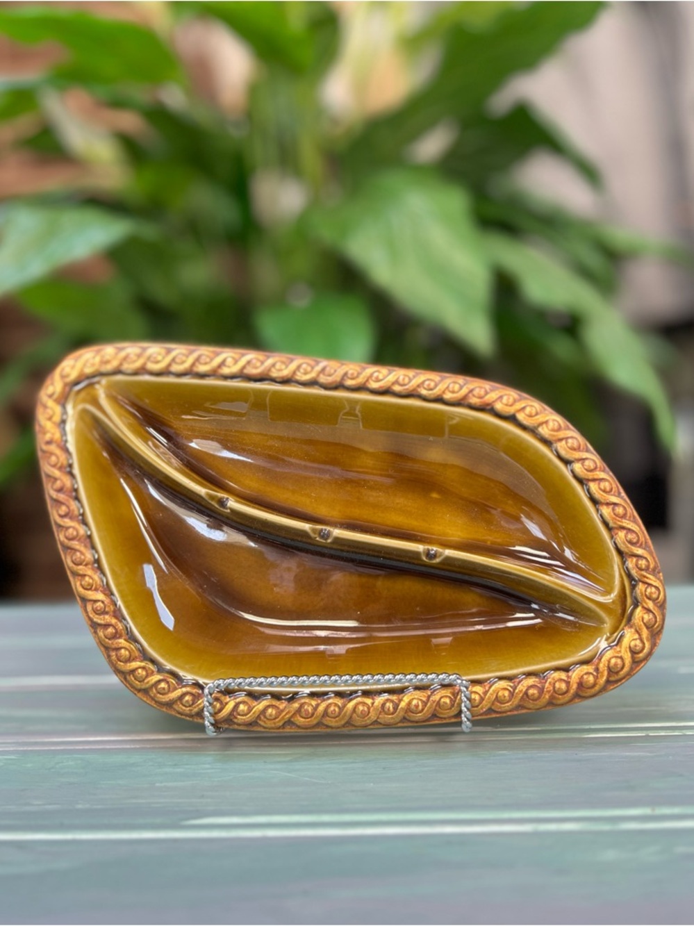 Vintage Anthony Signed Mid-Century Ceramic Ashtray Dish in Amber Brown